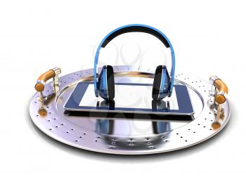 Phone and headphones on metal tray on a white background