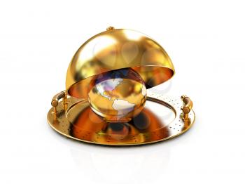 Earth globe on glossy golden salver dish under a golden cover on a white background
