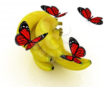 Red butterflys on a bananas on a white background 