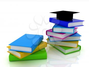 Graduation hat with books on a white background