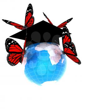 Global Education with red butterflies isolated on white background 
