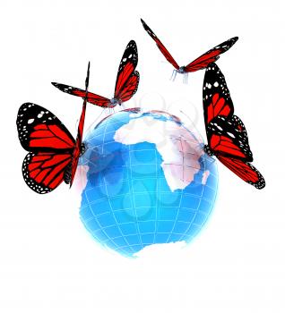 Red butterfly on a abstract blue earth on a white background