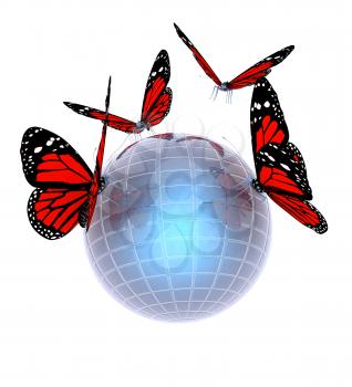 Red butterfly on abstract 3d sphere with blue mosaic design on a white background