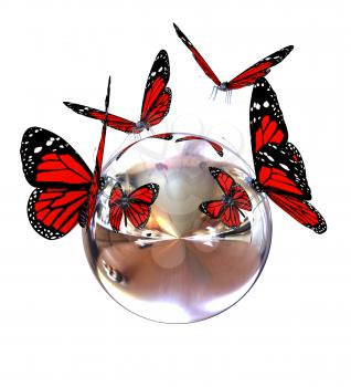 Red butterfly on a chrome reflective sphere on a white background