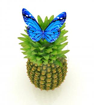 Blue butterflys on a pineapple on a white background 