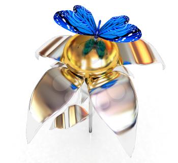 Blue butterflys on a chrome flower with a gold head on a white background 