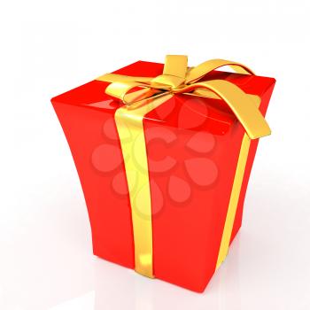 Red gift with gold ribbon on a white background.