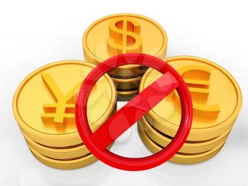 gold coins with 3 major currencies and prohibitive sign on a white background