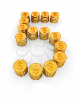 the number five of gold coins with dollar sign on a white background
