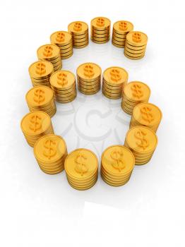 the number six of gold coins with dollar sign on a white background