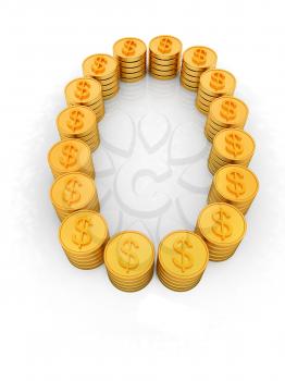 the number zero of gold coins with dollar sign on a white background