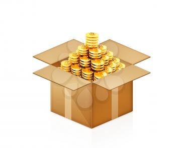 Gold dollar coins in cardboard box on a white background