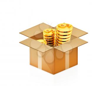 Gold dollar coins in cardboard box on a white background