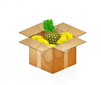 pineapple and bananas in cardboard box on a white background