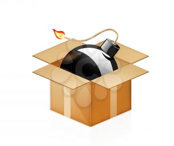 black bomb burning in cardboard box on a white background