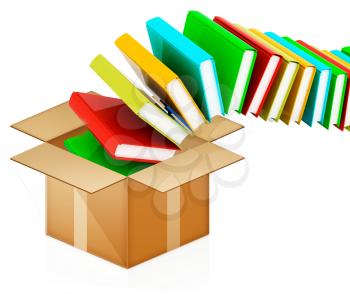 colorful real books in cardboard box on a white background