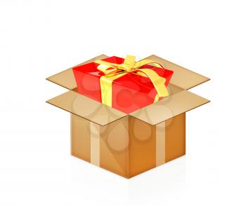 Red gift with gold ribbon in cardboard box on a white background