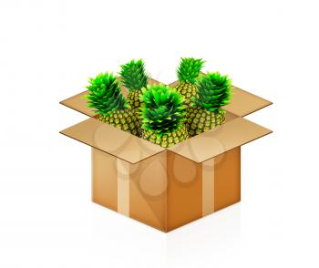 pineapples in cardboard box on a white background