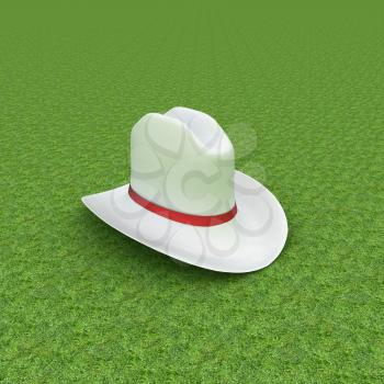 White hat with a red ribbon on a green grass background. 3d