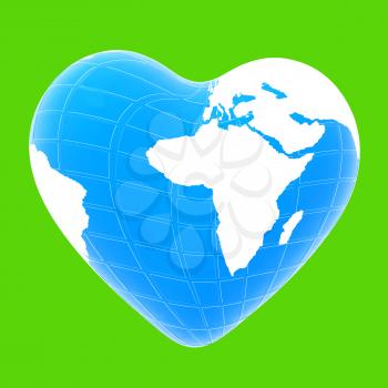3d earth to heart symbol on a green background