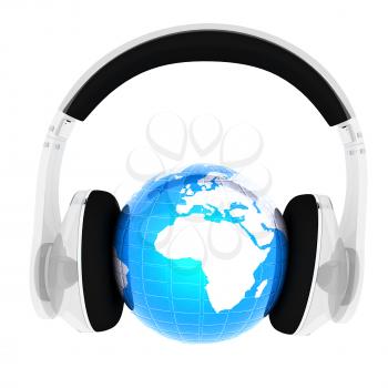 Blue earth with headphones from transparent plastic. World music concept isolated on white