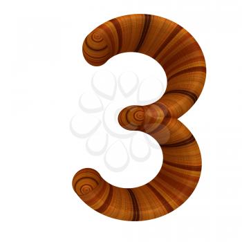 Wooden number 3- three on a white background. 
