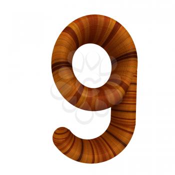 Wooden number 9- nine on a white background. 