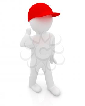 3d man in a red peaked cap with thumb up on a white background