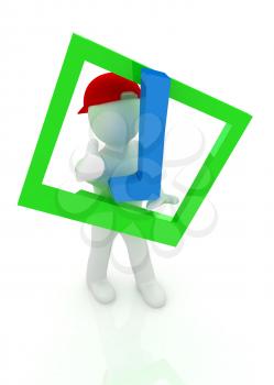 3d man in a red peaked cap with thumb up and a huge tick on a white background