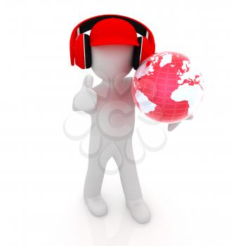 3d white man in a red peaked cap with thumb up, tablet pc and headphones. Global concept with blue earth 