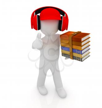 3d white man in a red peaked cap with thumb up, books and headphones on a white background