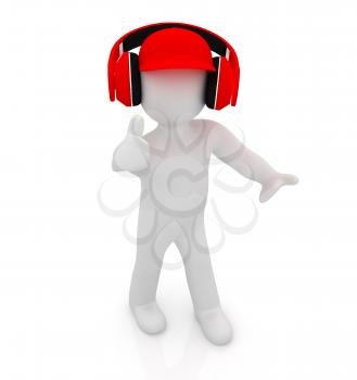 3d white man in a red peaked cap with thumb up and headphones on a white background