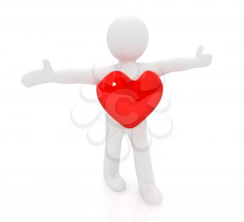 3d small man with a heart. 3d image. Isolated white background. 