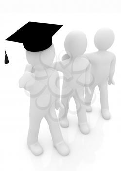 3d man in a graduation Cap with thumb up and 3d mans stand arms around each other on a white background
