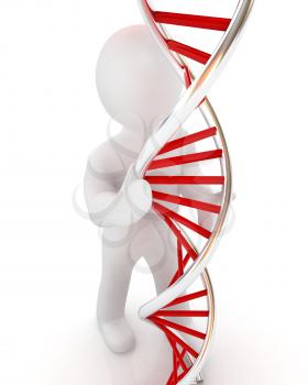 3d men with DNA structure model on a white background