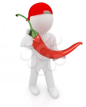 3d man with chili pepper on a white background 