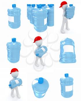Set of 3d man carrying a water bottle with clean blue water on a white background