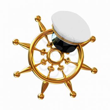 Marine cap on gold marine steering wheel on a white background