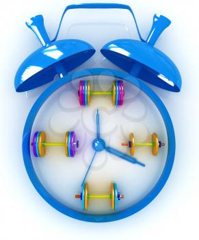Alarm clock icon with dumbbells. Sport concept on a white background