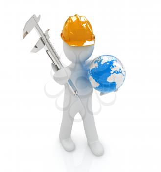 3d man engineer in hard hat with vernier caliper and Earth on a white background