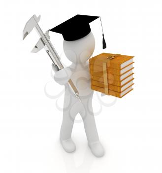3d man in graduation hat with the best technical educational literature and vernier caliper on a white background