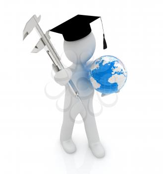 3d man in graduation hat with Earth and vernier caliper on a white background