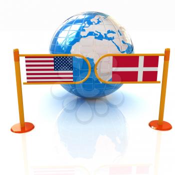 Three-dimensional image of the turnstile and flags of Denmark and USA on a white background 