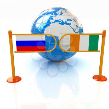 Three-dimensional image of the turnstile and flags of Ireland and Russia on a white background 