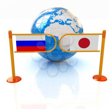 Three-dimensional image of the turnstile and flags of Japanese and Russia on a white background 