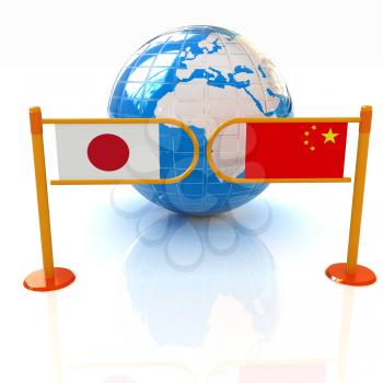 Three-dimensional image of the turnstile and flags of China and Japan on a white background 