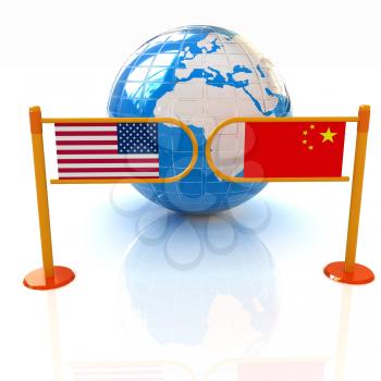 Three-dimensional image of the turnstile and flags of USA and China on a white background 