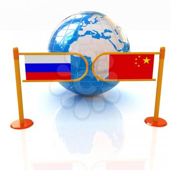 Three-dimensional image of the turnstile and flags of China and Russia on a white background 