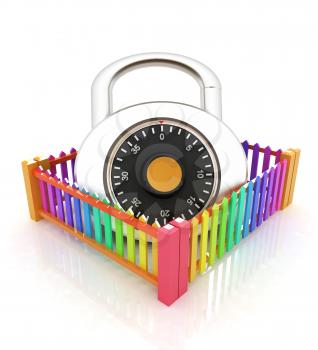 Protection concept.Lock closed colorfull fence on a white background