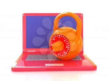 Laptop with lock.3d illustration on white isolated background.